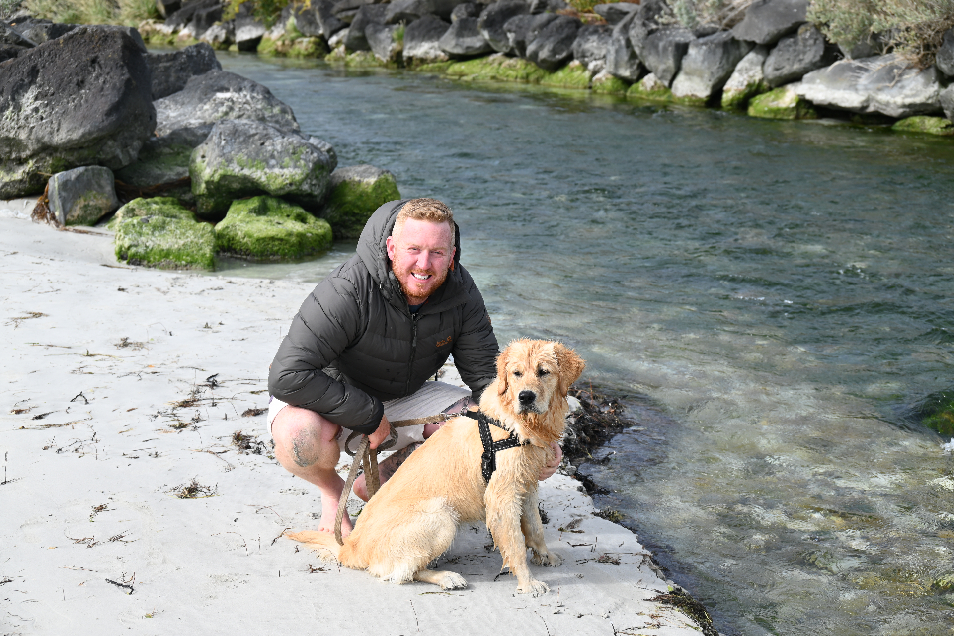 Owner of Palms Painting with dog by the water